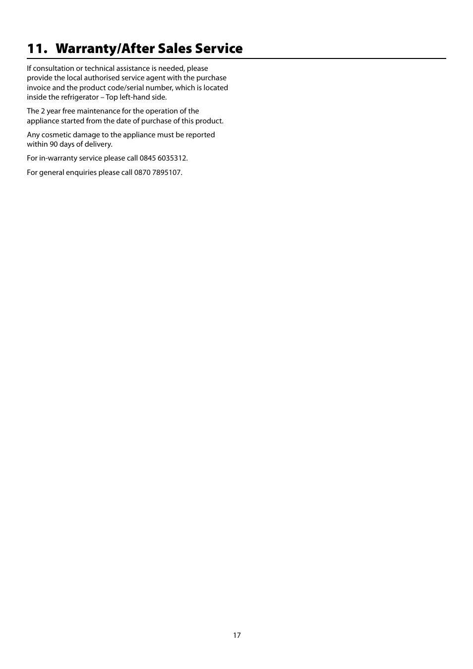 Warranty/after sales service | Rangemaster Refrigeration SxS 661 User Manual | Page 19 / 20