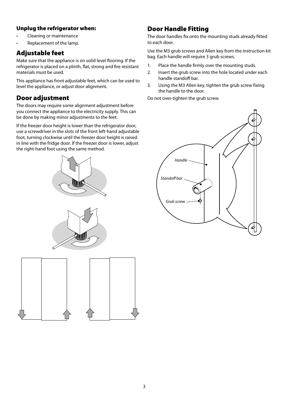 Door handle fitting, Adjustable feet, Door adjustment | Rangemaster Refrigeration SxS 661 User Manual | Page 5 / 20
