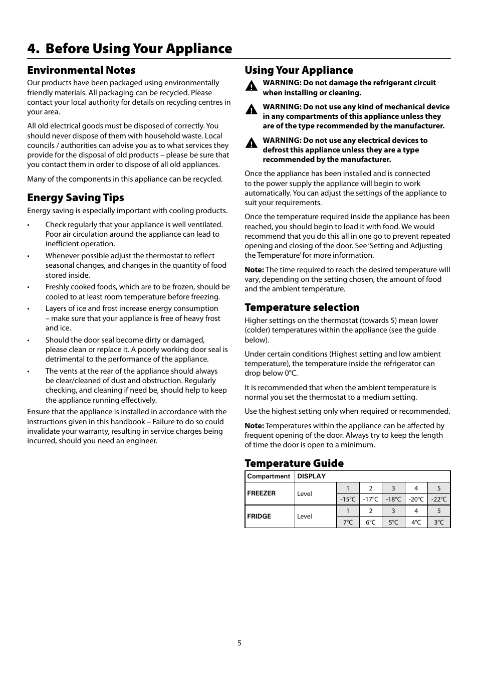 Before using your appliance, Energy saving tips, Using your appliance | Temperature selection, Temperature guide | Rangemaster Refrigeration SxS 661 User Manual | Page 7 / 20
