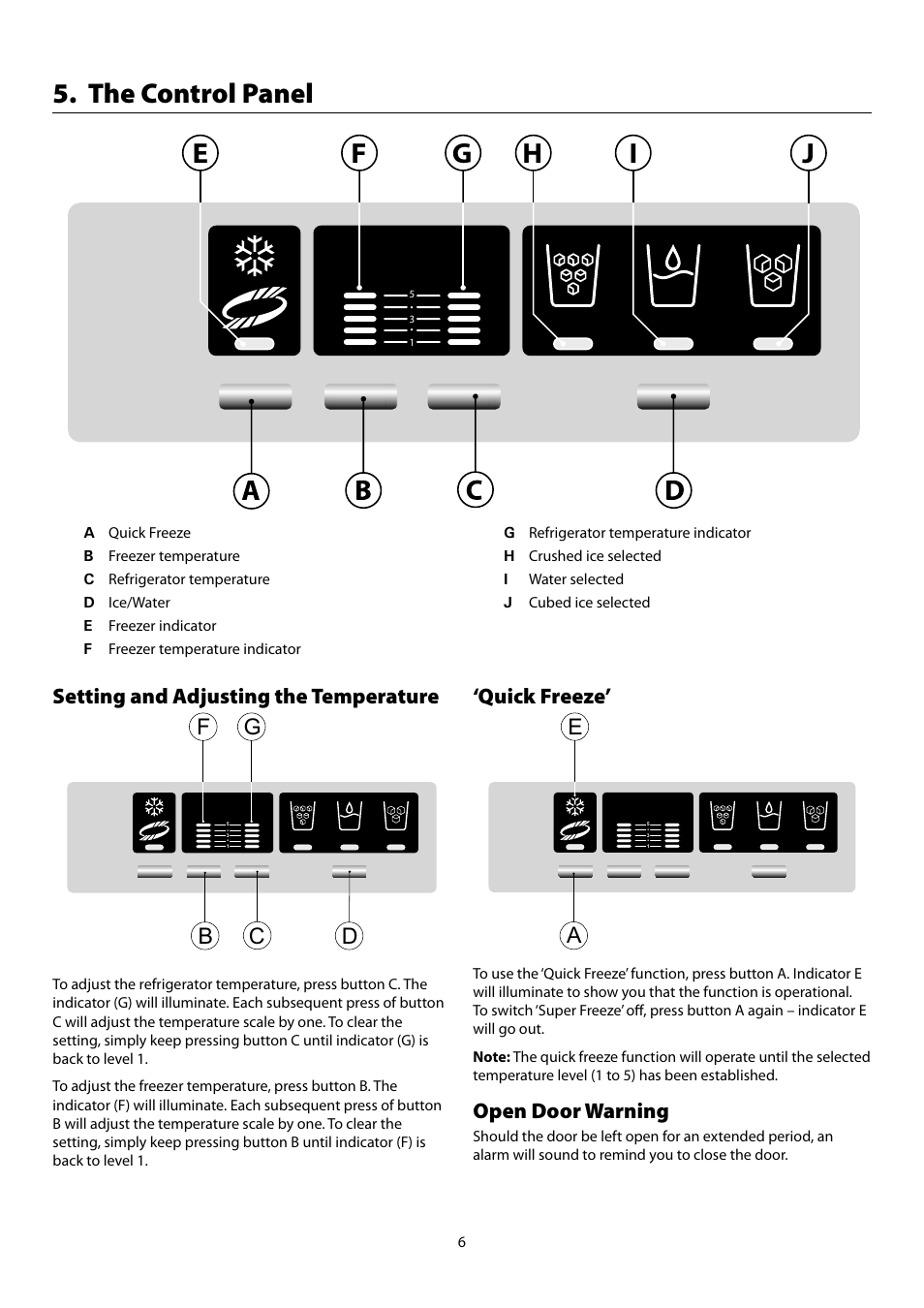 The control panel, Bc d f g, Setting and adjusting the temperature | Quick freeze, Open door warning | Rangemaster Refrigeration SxS 661 User Manual | Page 8 / 20