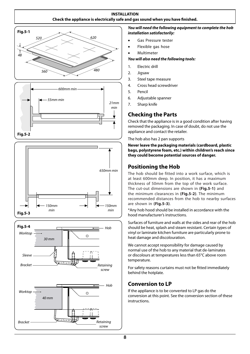 Checking the parts, Positioning the hob, Conversion to lp | Rangemaster RG60 User Manual | Page 10 / 20