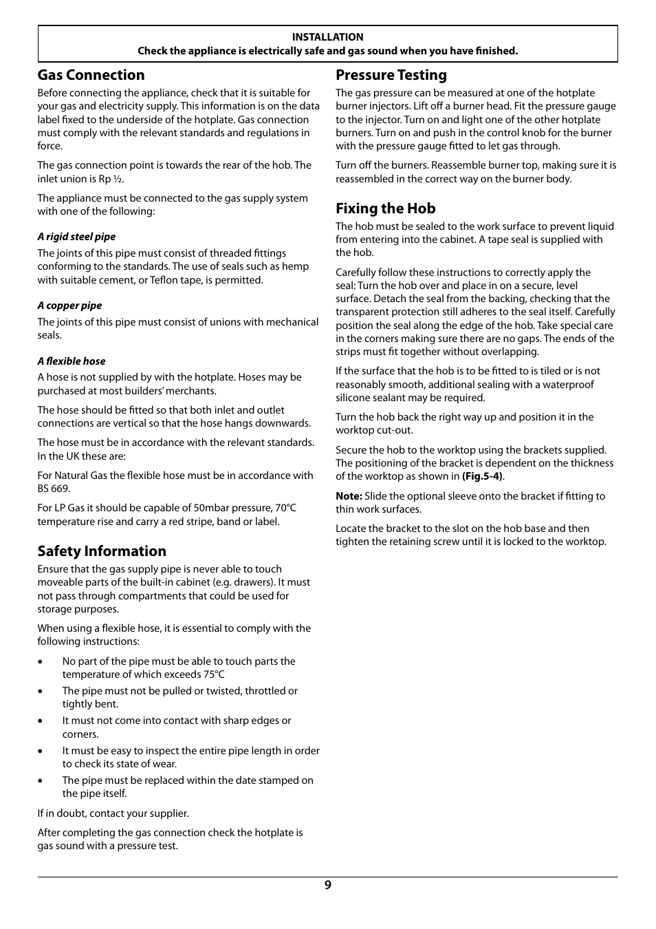 Gas connection, Safety information, Pressure testing | Fixing the hob | Rangemaster RG60 User Manual | Page 11 / 20