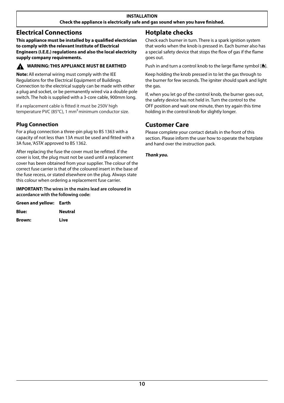 Electrical connections, Hotplate checks, Customer care | Rangemaster RG60 User Manual | Page 12 / 20