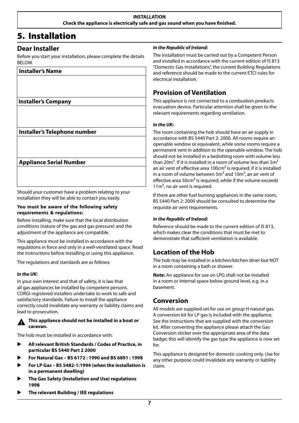 Installation, Dear installer, Provision of ventilation | Location of the hob, Conversion | Rangemaster RG60 User Manual | Page 9 / 20