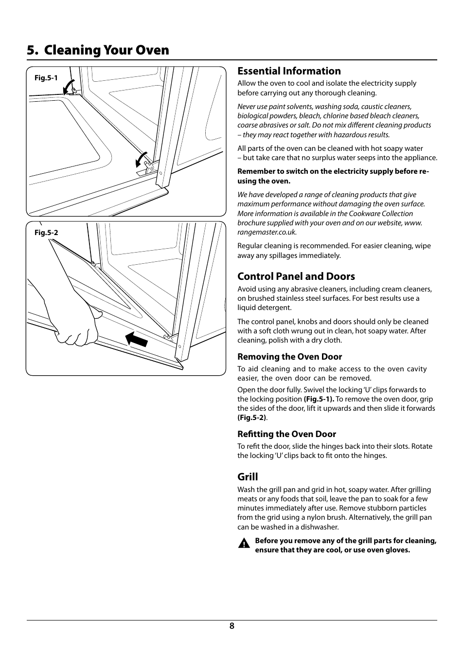 Cleaning your oven, Essential information, Control panel and doors | Grill | Rangemaster R609 User Manual | Page 10 / 20