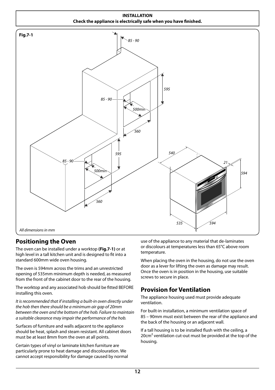 Positioning the oven, Provision for ventilation | Rangemaster R609 User Manual | Page 14 / 20