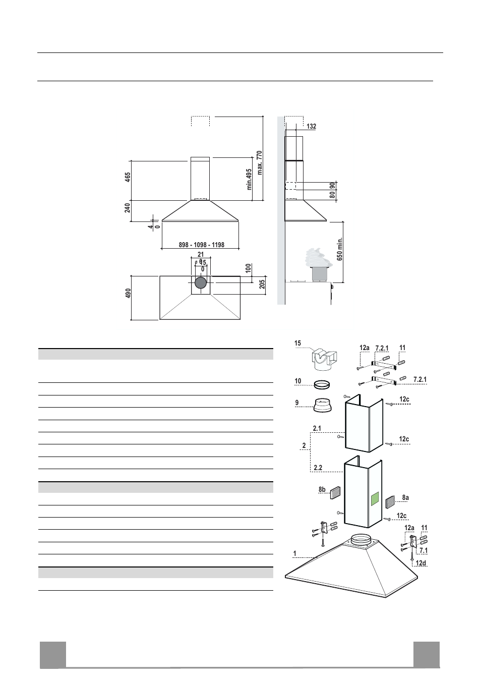 Caracteristiques, Fr 1 8 18, Encombrement | Composants | Rangemaster Chimney Hood User Manual | Page 18 / 40