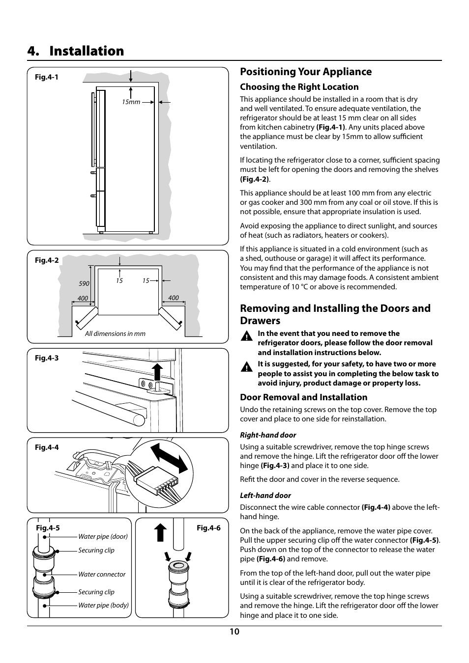 Installation, Positioning your appliance, Removing and installing the doors and drawers | Rangemaster DxD 910 Refrigerator U109923 - 05 User Manual | Page 12 / 24