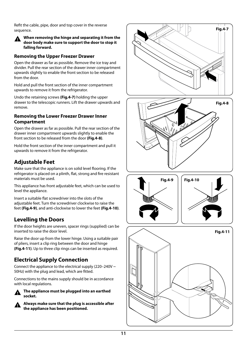 Adjustable feet, Levelling the doors, Electrical supply connection | Rangemaster DxD 910 Refrigerator U109923 - 05 User Manual | Page 13 / 24