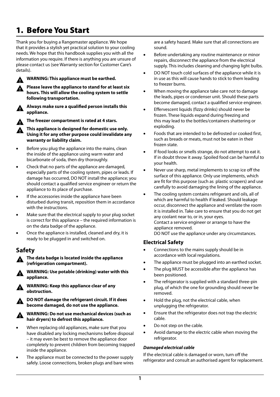 Before you start, Safety | Rangemaster DxD 910 Refrigerator U109923 - 05 User Manual | Page 3 / 24