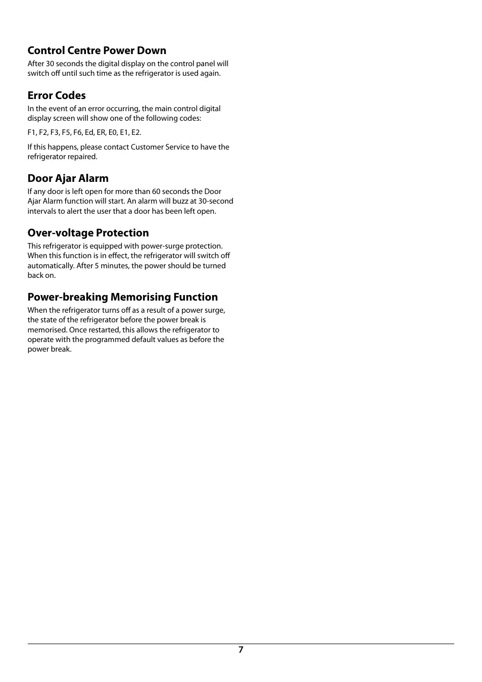 Control centre power down, Error codes, Door ajar alarm | Over-voltage protection | Rangemaster DxD 910 Refrigerator U109923 - 05 User Manual | Page 9 / 24