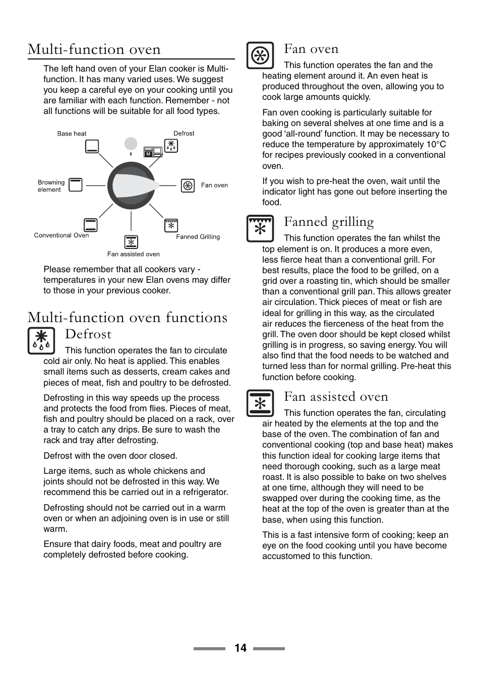 Multi-function oven, Multi-function oven functions | Rangemaster ELAN U105510-01 User Manual | Page 14 / 40
