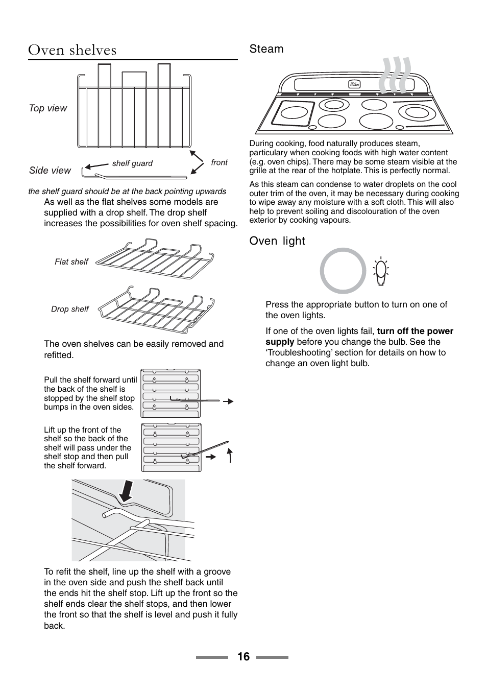 Oven shelves, Steam, Oven light | Rangemaster ELAN U105510-01 User Manual | Page 16 / 40