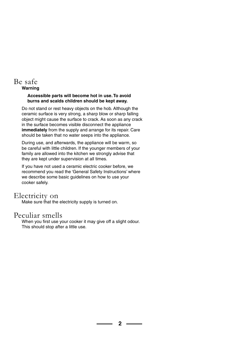 Be safe, Electricity on, Peculiar smells | Rangemaster ELAN U105510-01 User Manual | Page 2 / 40