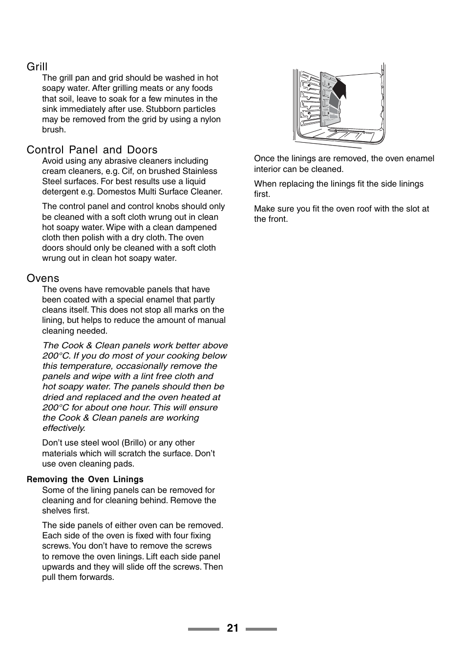 21 grill, Control panel and doors, Ovens | Rangemaster ELAN U105510-01 User Manual | Page 21 / 40