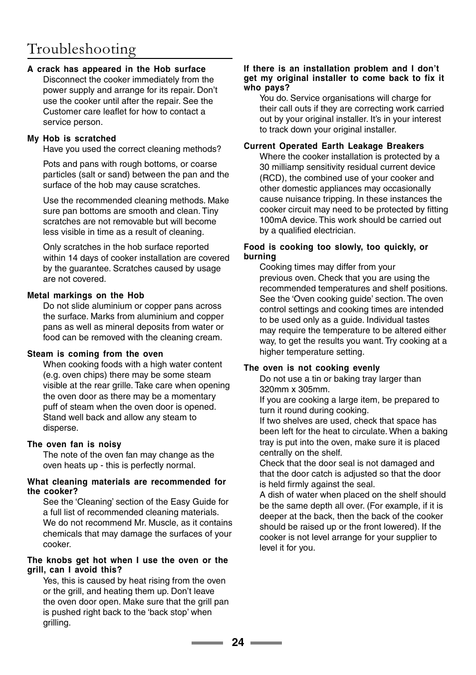 Troubleshooting | Rangemaster ELAN U105510-01 User Manual | Page 24 / 40