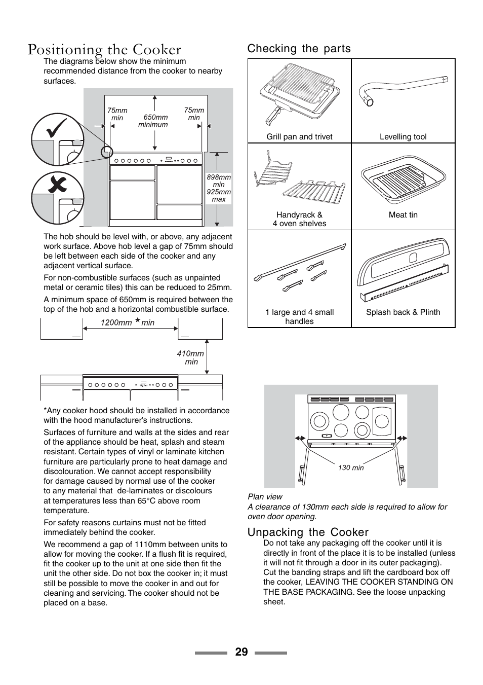Positioning the cooker, Checking the parts, Unpacking the cooker | Rangemaster ELAN U105510-01 User Manual | Page 29 / 40