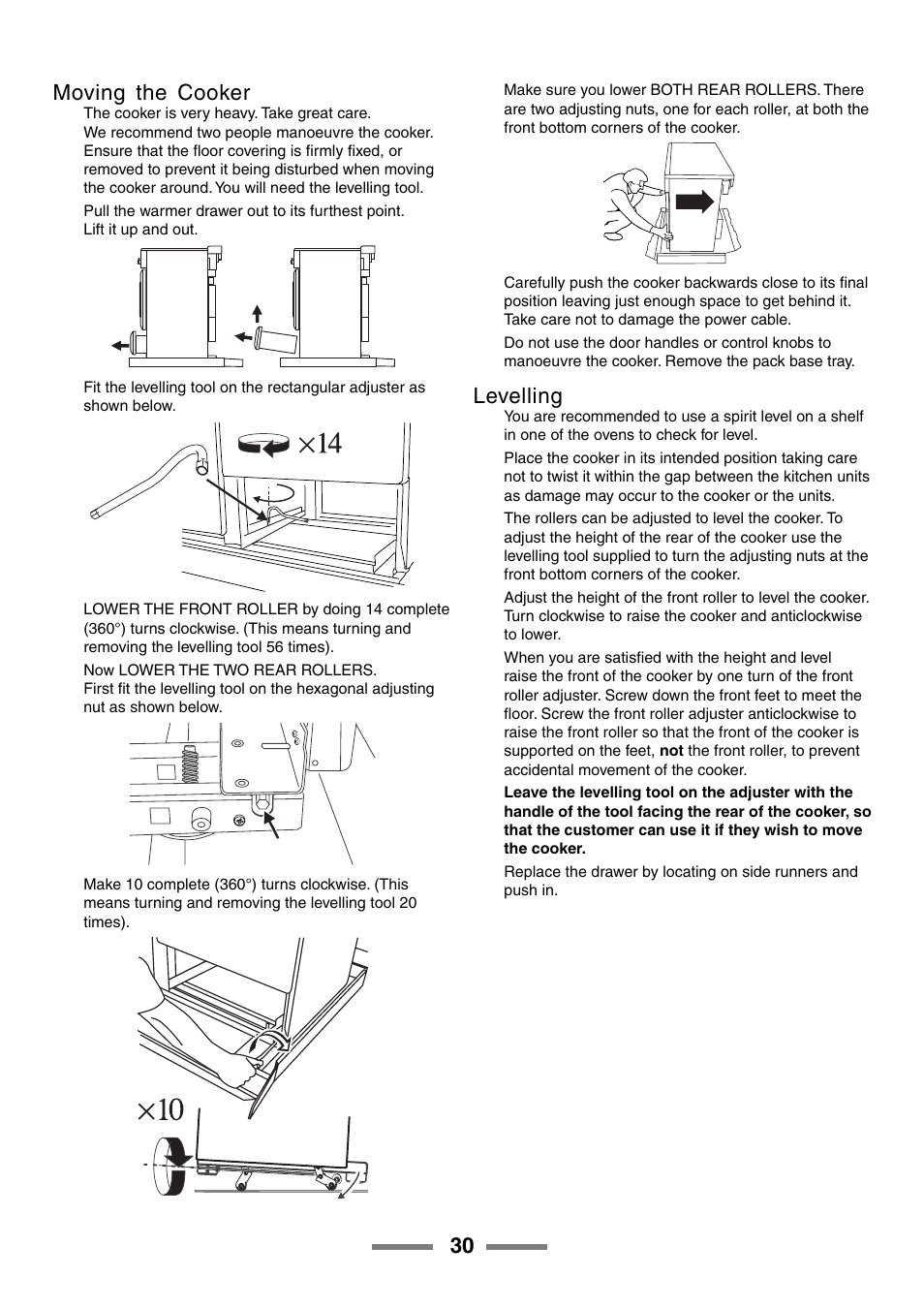 30 moving the cooker, Levelling | Rangemaster ELAN U105510-01 User Manual | Page 30 / 40