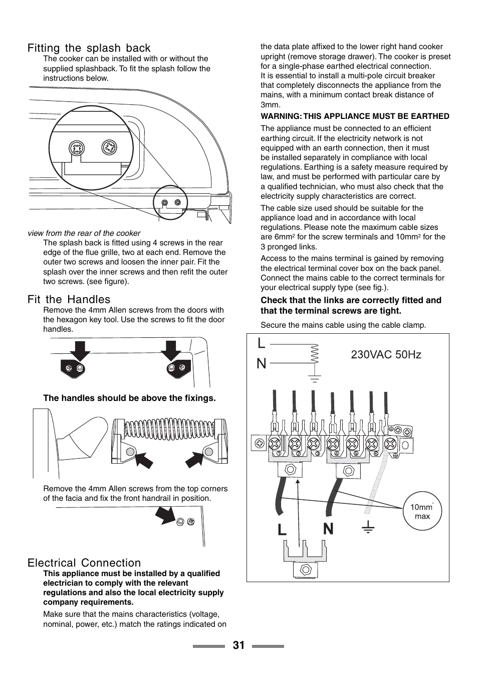 31 fitting the splash back, Fit the handles, Electrical connection | Rangemaster ELAN U105510-01 User Manual | Page 31 / 40