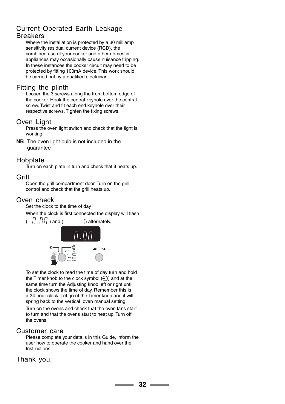 32 current operated earth leakage breakers, Fitting the plinth, Oven light | Hobplate, Grill, Oven check, Customer care | Rangemaster ELAN U105510-01 User Manual | Page 32 / 40