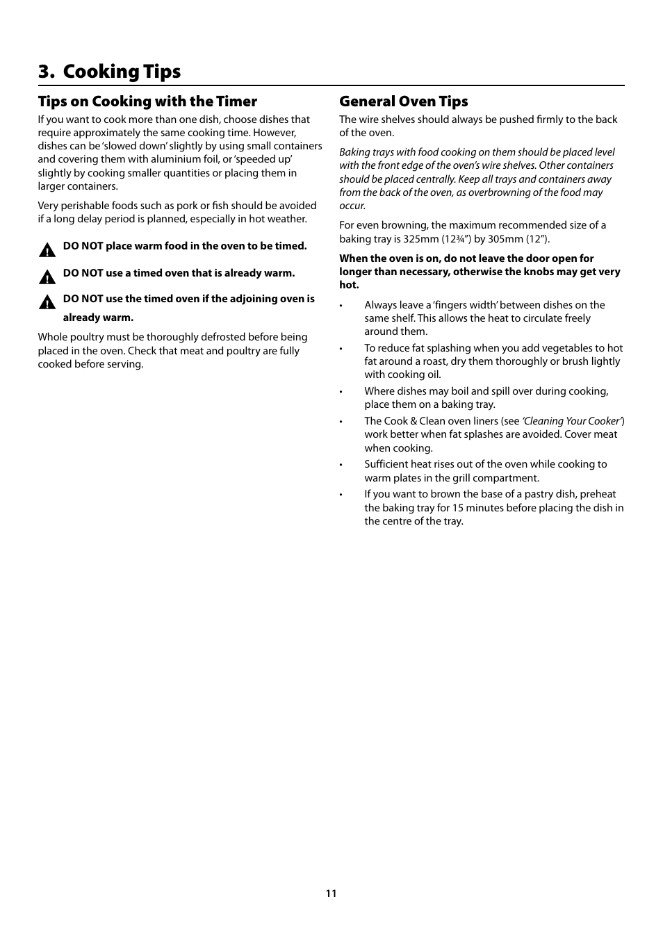 Cooking tips, Tips on cooking with the timer, General oven tips | Rangemaster Toledo 90 Induction Cooker U109952 - 02 User Manual | Page 13 / 32