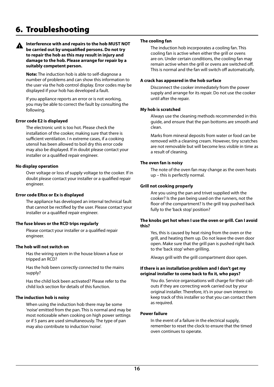 Troubleshooting | Rangemaster Toledo 90 Induction Cooker U109952 - 02 User Manual | Page 18 / 32