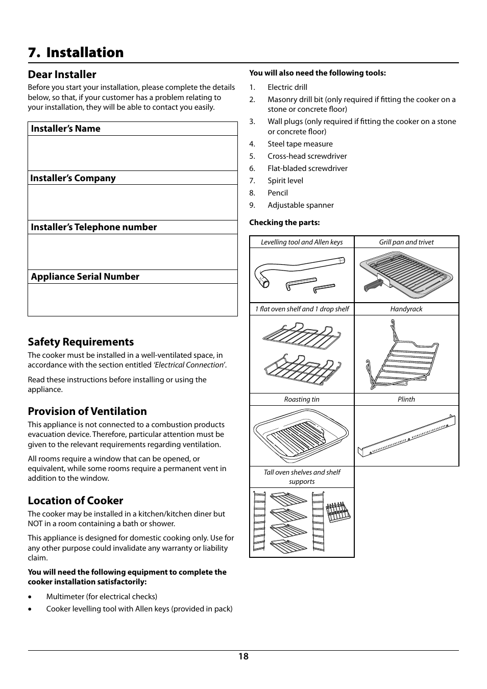 Installation, Dear installer, Safety requirements | Provision of ventilation, Location of cooker | Rangemaster Toledo 90 Induction Cooker U109952 - 02 User Manual | Page 20 / 32