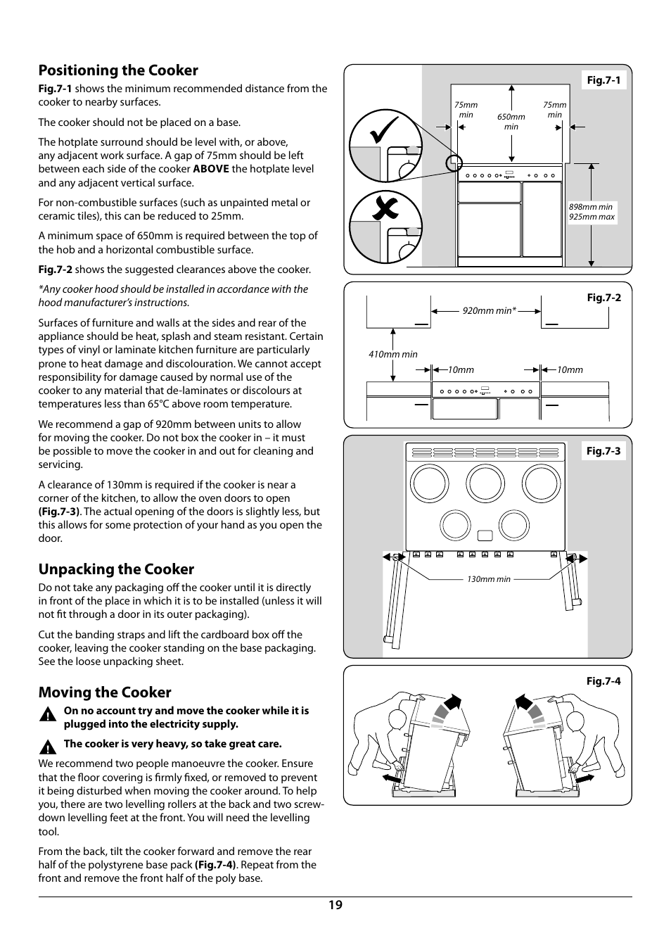 Positioning the cooker, Unpacking the cooker, Moving the cooker | Rangemaster Toledo 90 Induction Cooker U109952 - 02 User Manual | Page 21 / 32