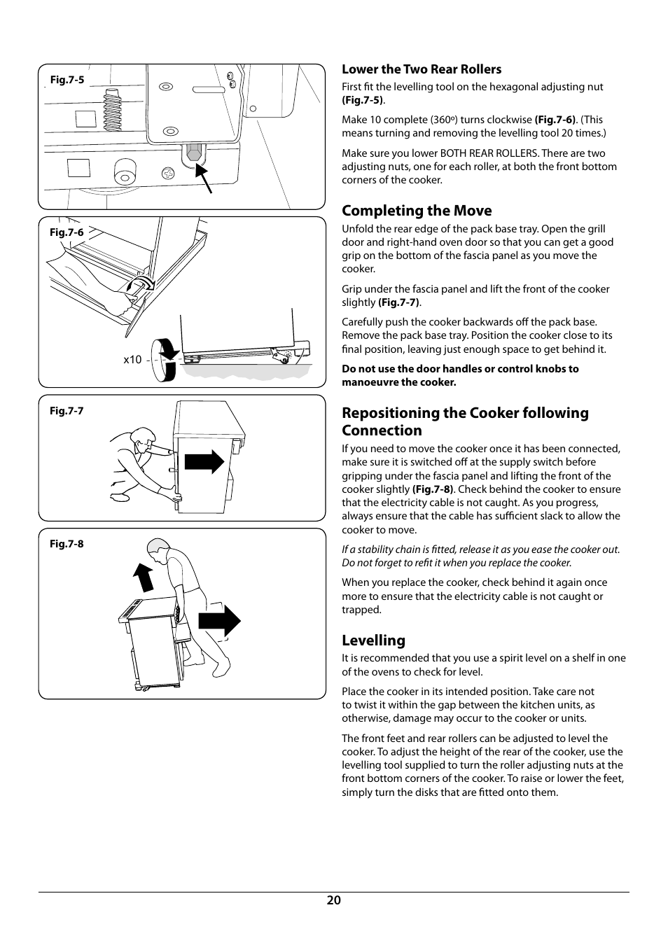 Completing the move, Repositioning the cooker following connection, Levelling | Rangemaster Toledo 90 Induction Cooker U109952 - 02 User Manual | Page 22 / 32