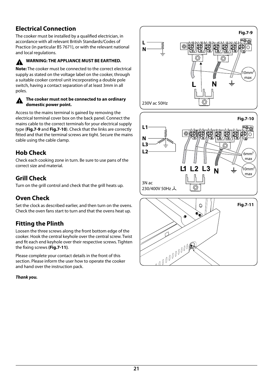 Electrical connection, Hob check, Grill check | Oven check, Fitting the plinth | Rangemaster Toledo 90 Induction Cooker U109952 - 02 User Manual | Page 23 / 32