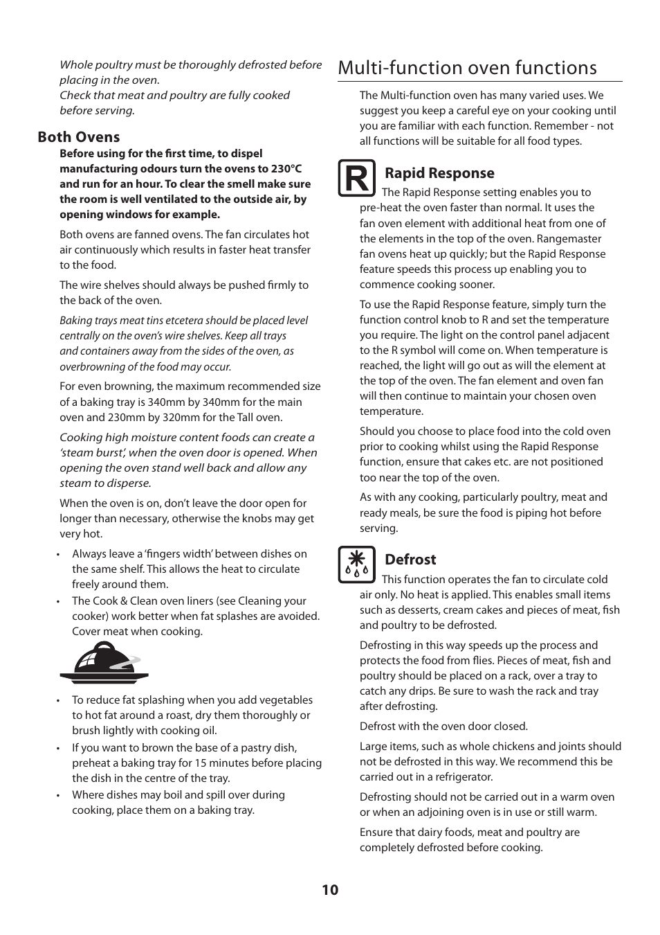 Multi-function oven functions, Both ovens, Rapid response | Defrost | Rangemaster DELUXE U109360 - 01 User Manual | Page 10 / 36