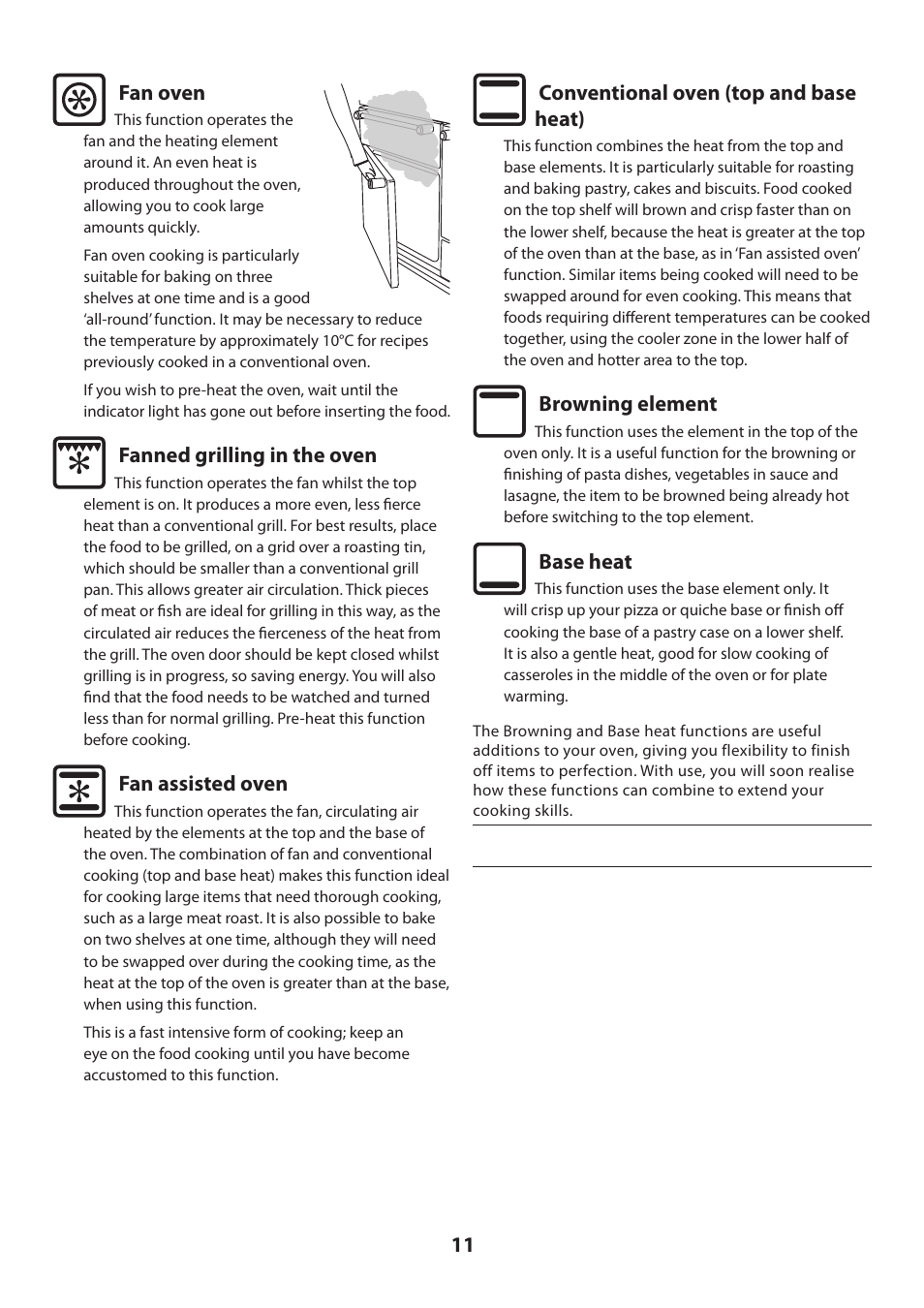 11 fan oven, Fanned grilling in the oven, Fan assisted oven | Conventional oven (top and base heat), Browning element, Base heat | Rangemaster DELUXE U109360 - 01 User Manual | Page 11 / 36