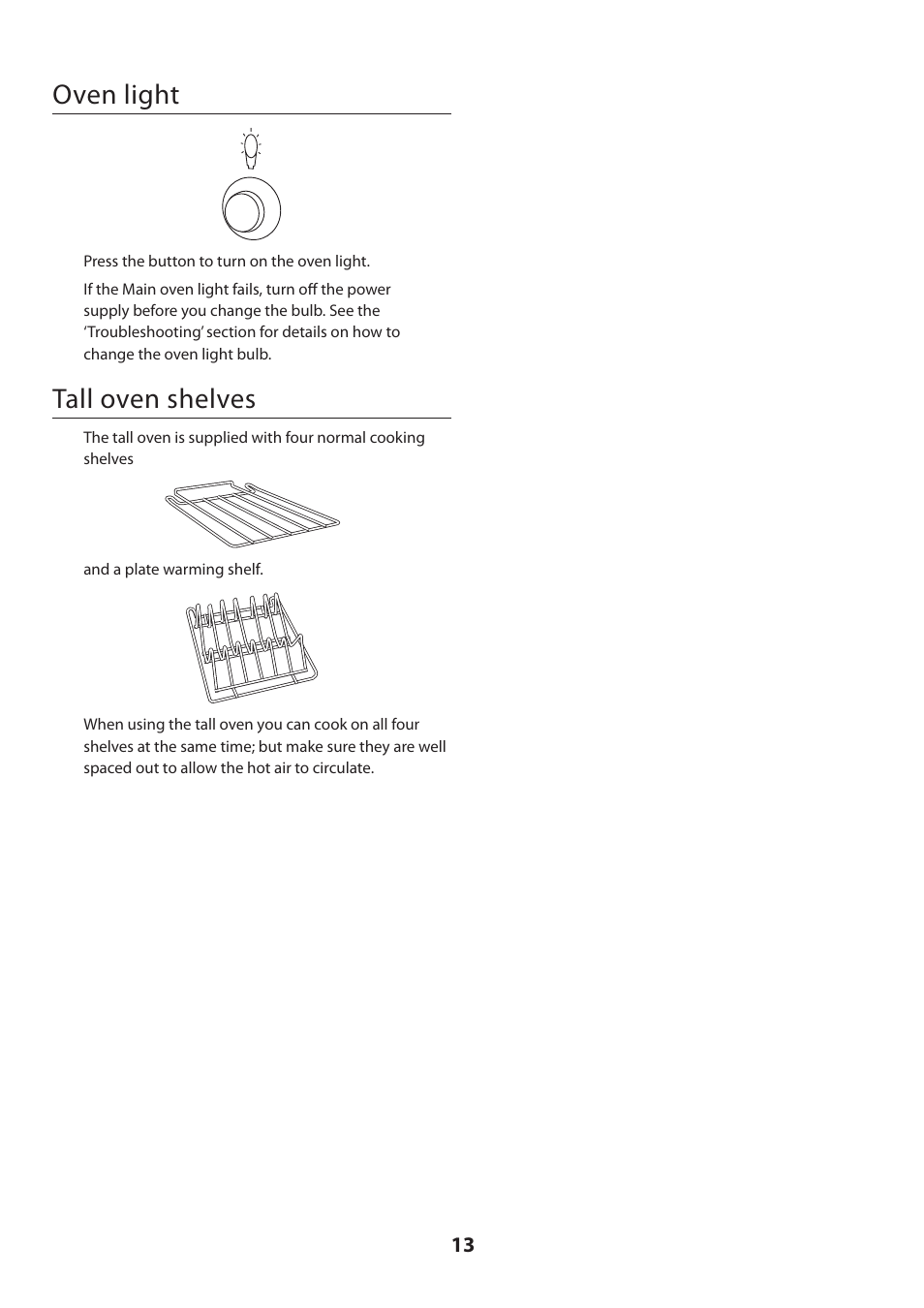 Oven light, Tall oven shelves | Rangemaster DELUXE U109360 - 01 User Manual | Page 13 / 36
