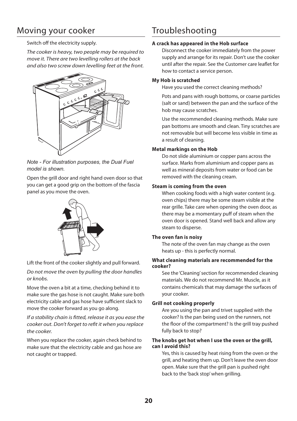 Moving your cooker, Troubleshooting | Rangemaster DELUXE U109360 - 01 User Manual | Page 20 / 36