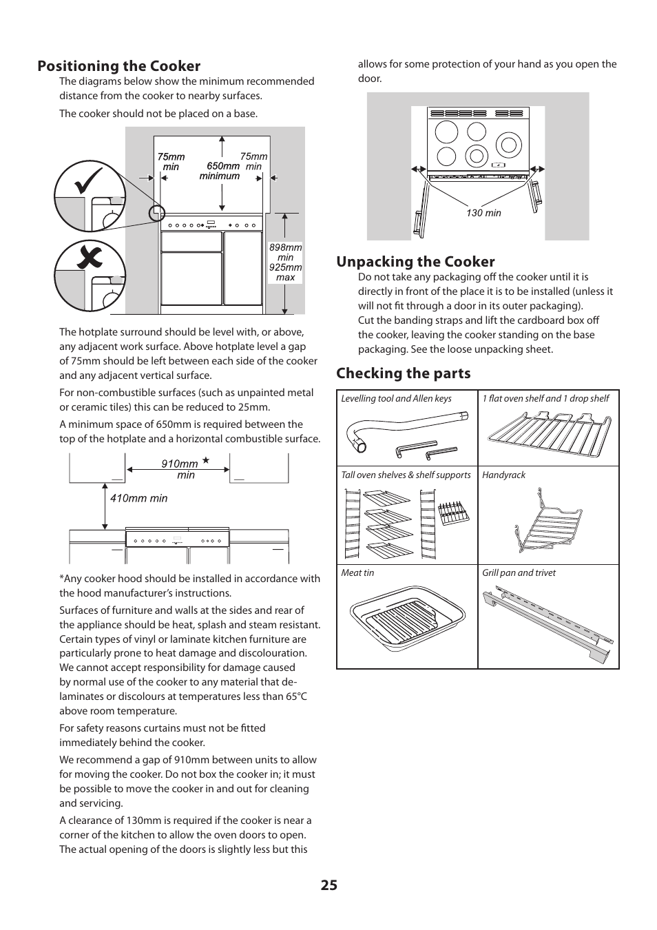 25 positioning the cooker, Unpacking the cooker, Checking the parts | Rangemaster DELUXE U109360 - 01 User Manual | Page 25 / 36