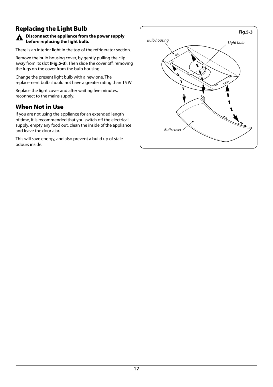 Replacing the light bulb, When not in use | Rangemaster U110121 - 01A User Manual | Page 19 / 24