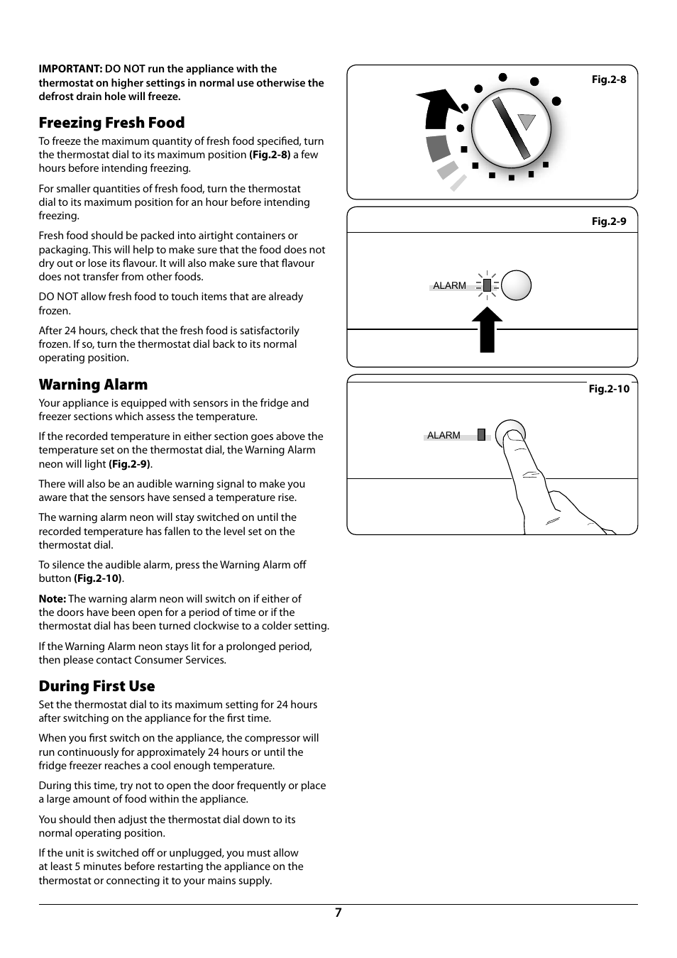 Freezing fresh food, Warning alarm, During first use | Rangemaster U110121 - 01A User Manual | Page 9 / 24