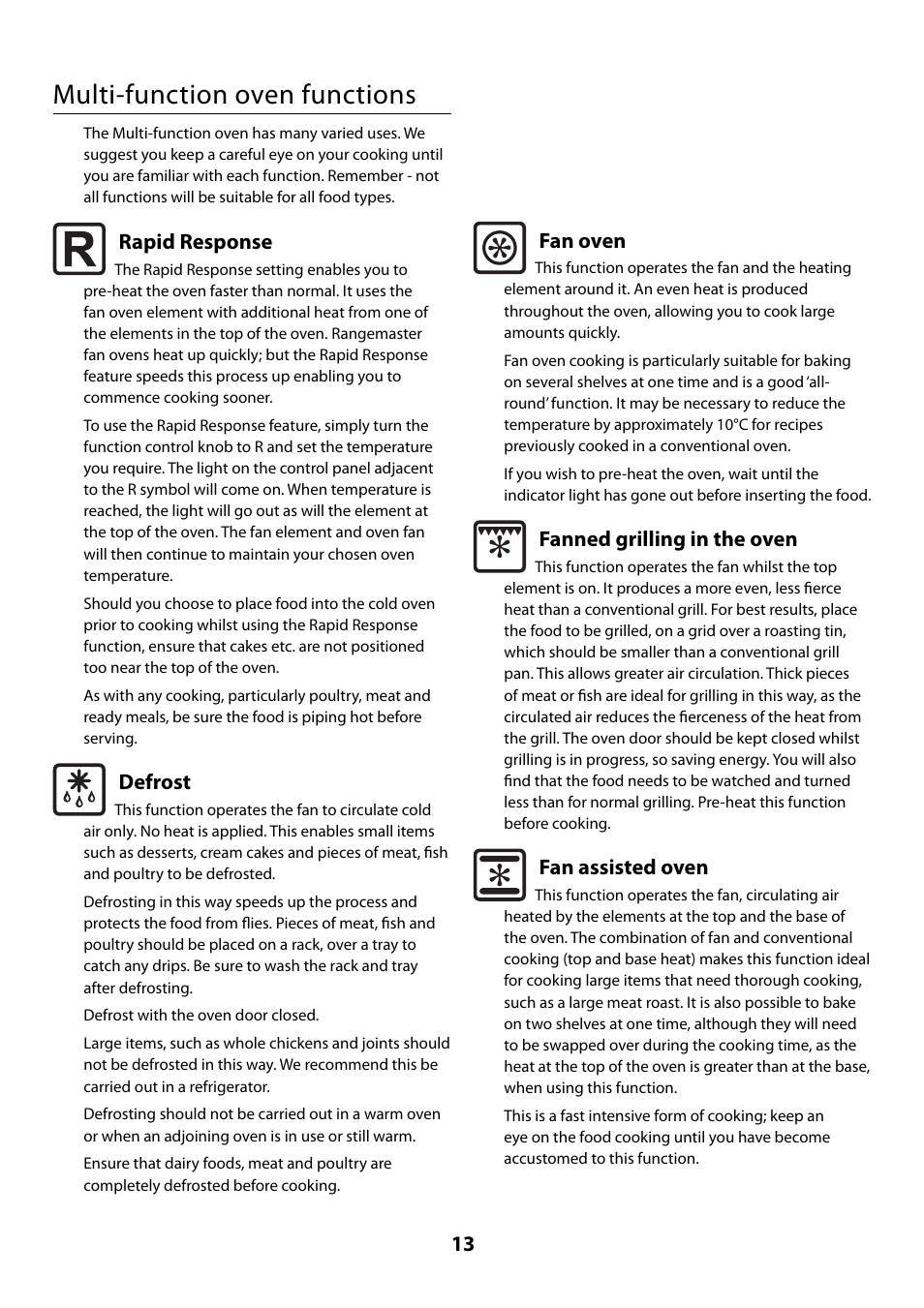 Multi-function oven functions, Rapid response, Defrost | Fan oven, Fanned grilling in the oven, Fan assisted oven | Rangemaster 110 User Manual | Page 13 / 44