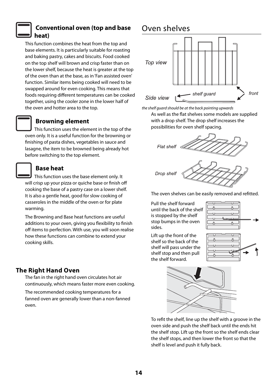 Oven shelves, 14 conventional oven (top and base heat), Browning element | Base heat, The right hand oven | Rangemaster 110 User Manual | Page 14 / 44