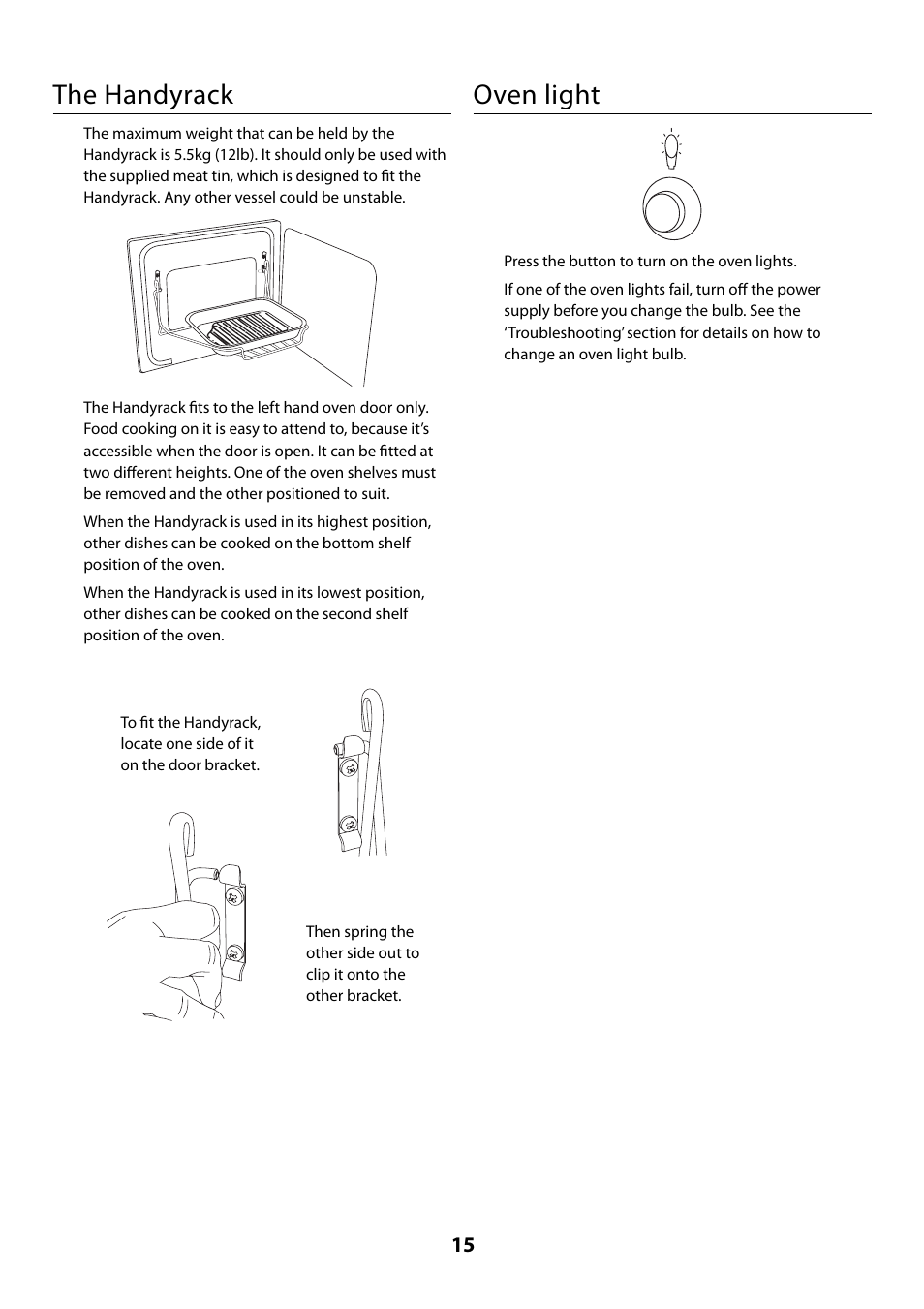 The handyrack, Oven light | Rangemaster 110 User Manual | Page 15 / 44