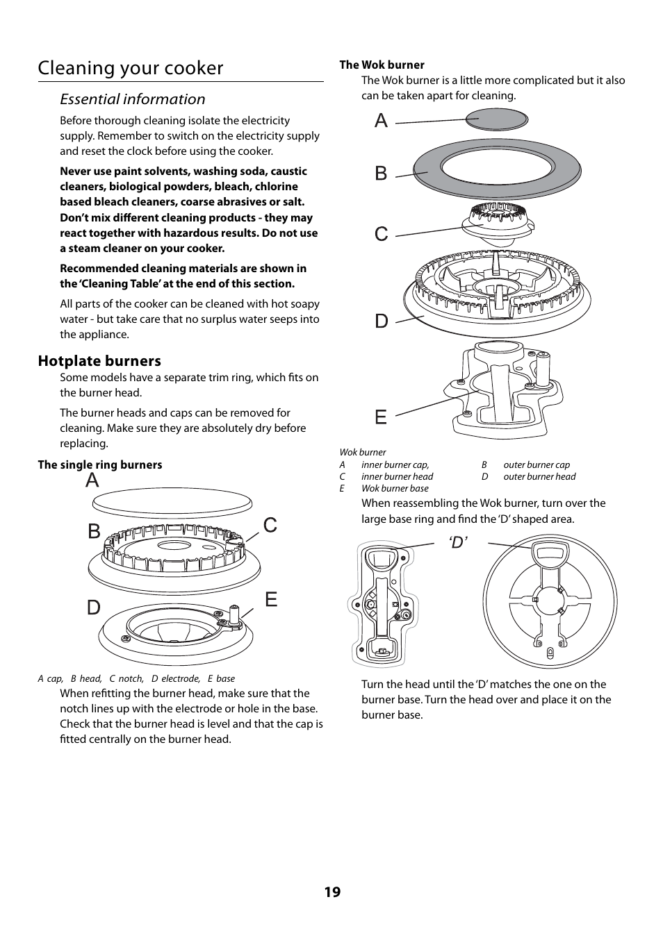 Cleaning your cooker, Essential information, Hotplate burners | Rangemaster 110 User Manual | Page 19 / 44