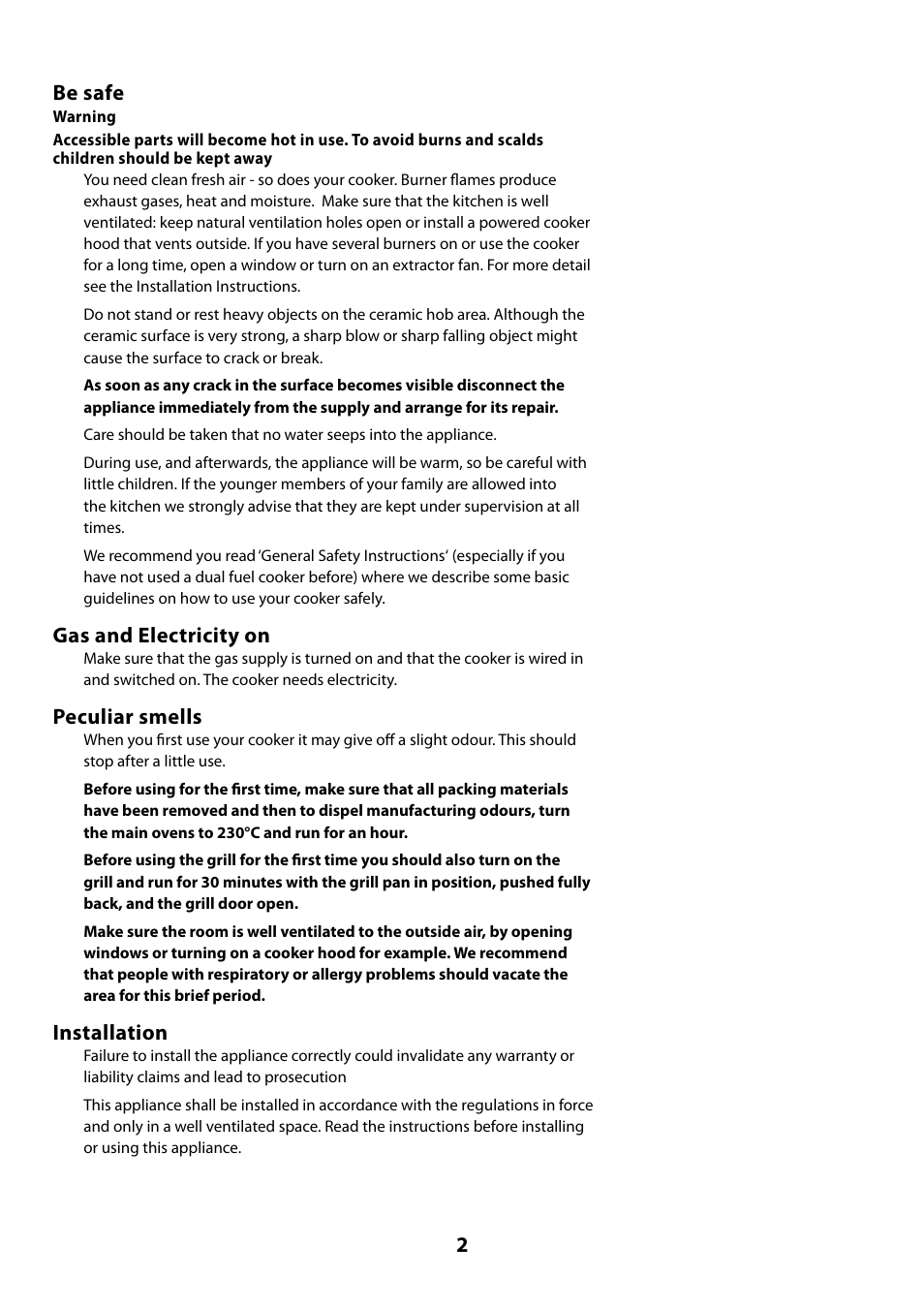 2be safe, Gas and electricity on, Peculiar smells | Installation | Rangemaster 110 User Manual | Page 2 / 44