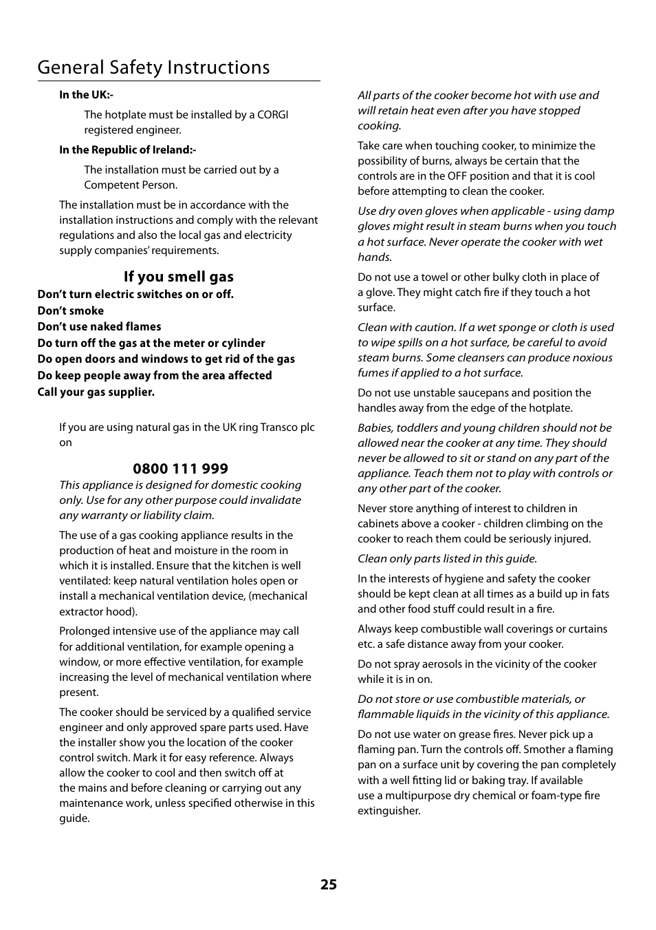 General safety instructions, If you smell gas | Rangemaster 110 User Manual | Page 25 / 44