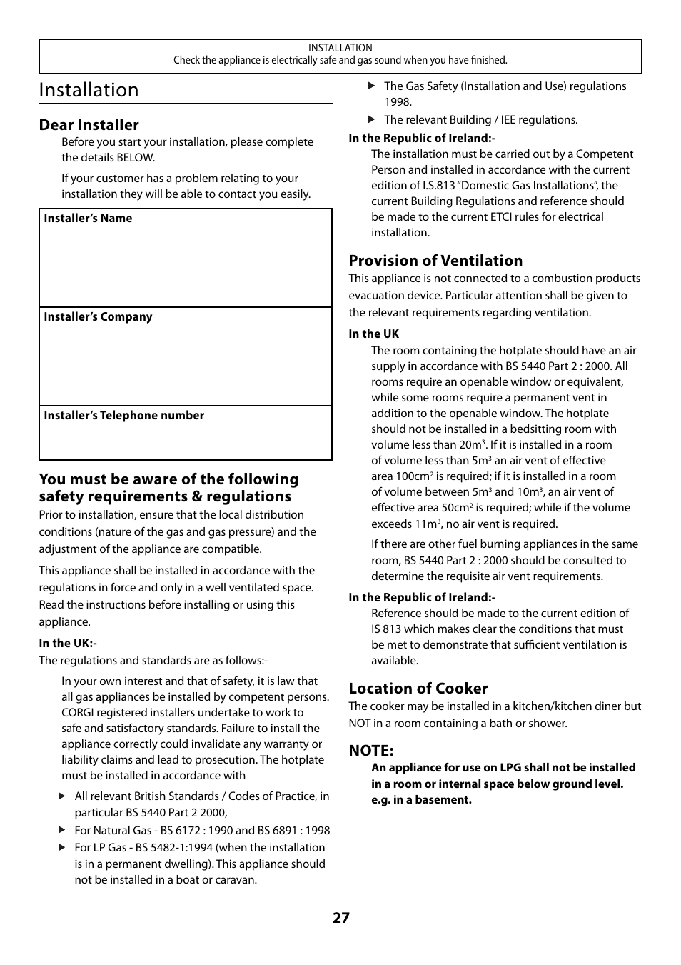 Installation, Dear installer, Provision of ventilation | Location of cooker | Rangemaster 110 User Manual | Page 27 / 44