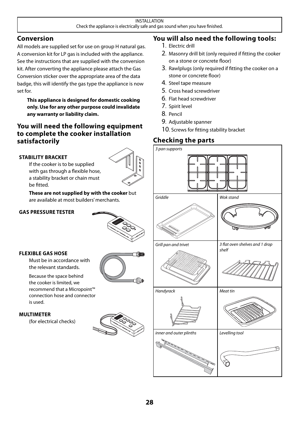 Conversion, You will also need the following tools: 1, Checking the parts | Rangemaster 110 User Manual | Page 28 / 44