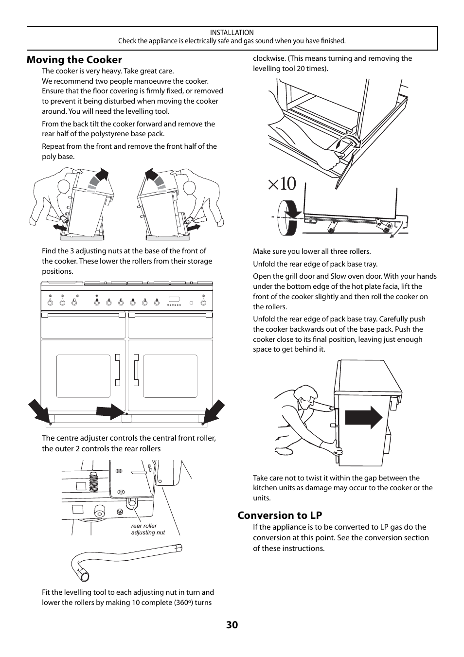 Moving the cooker, Conversion to lp | Rangemaster 110 User Manual | Page 30 / 44