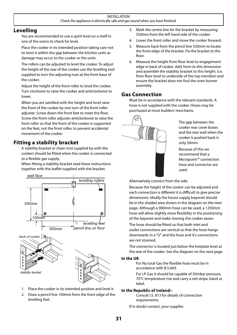 Levelling, Fitting a stability bracket, Gas connection | Rangemaster 110 User Manual | Page 31 / 44
