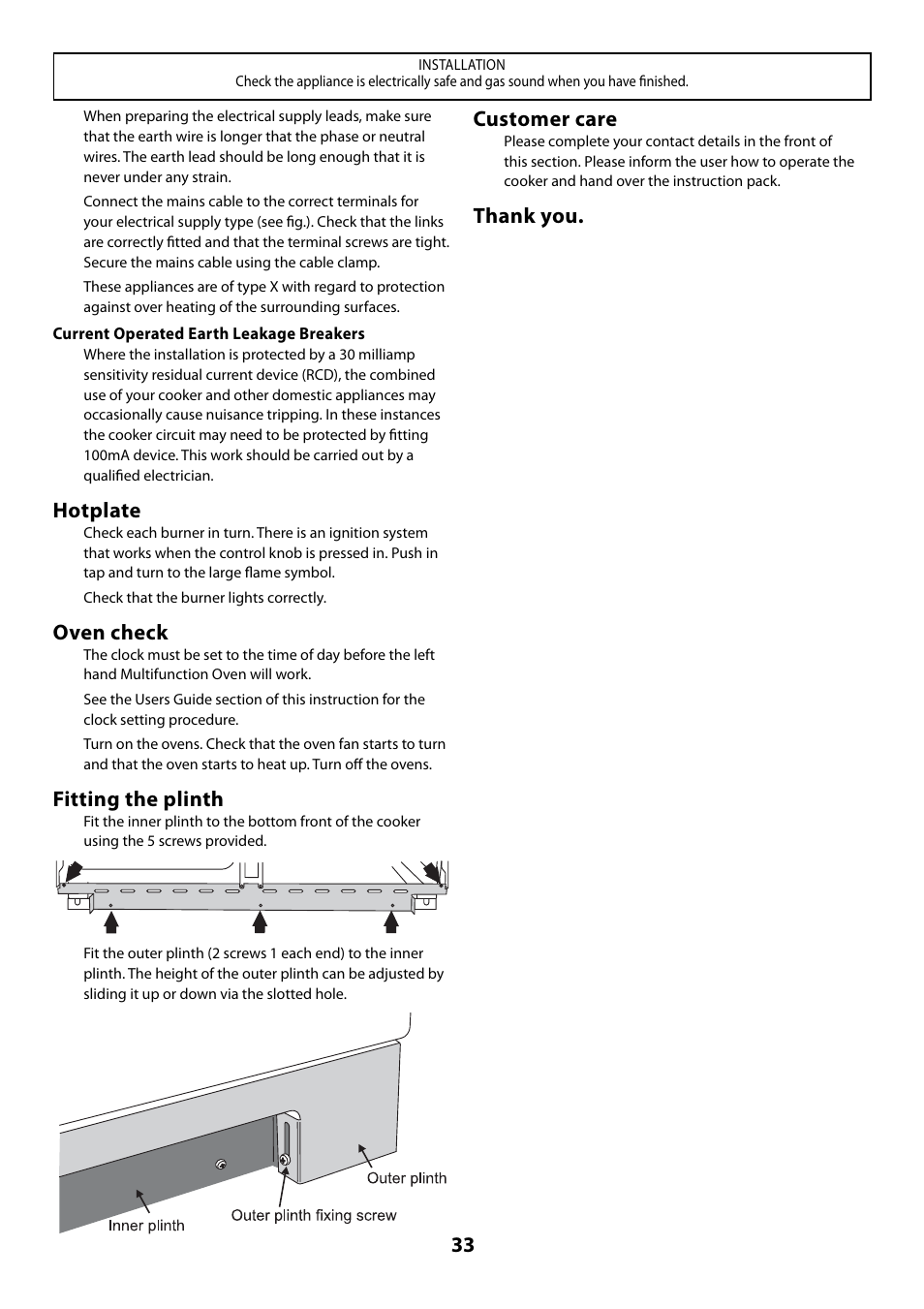Hotplate, Oven check, Fitting the plinth | Customer care | Rangemaster 110 User Manual | Page 33 / 44