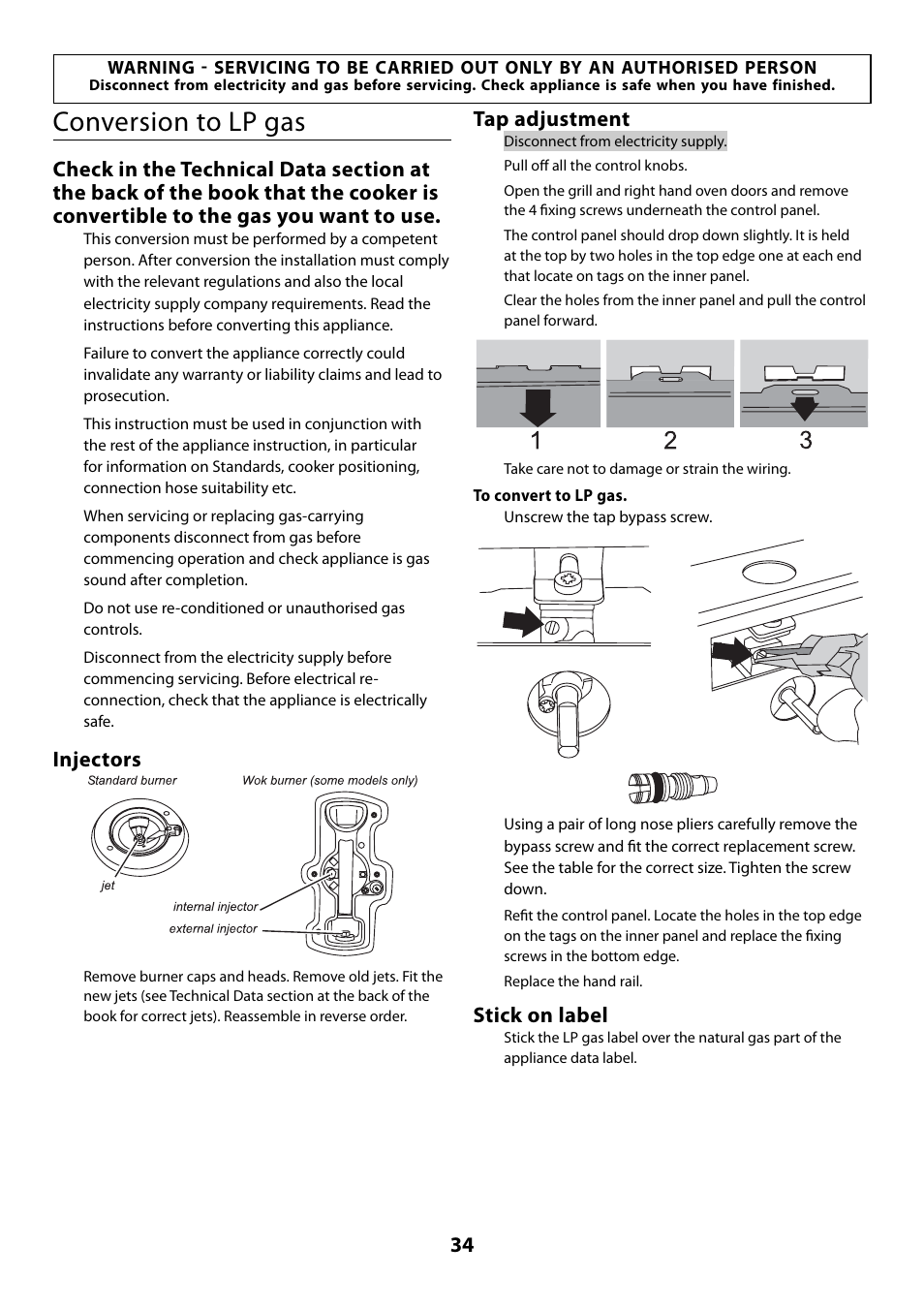 Conversion to lp gas, Injectors, Tap adjustment | Stick on label | Rangemaster 110 User Manual | Page 34 / 44