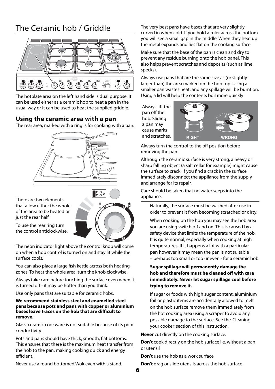 The ceramic hob / griddle, Using the ceramic area with a pan | Rangemaster 110 User Manual | Page 6 / 44
